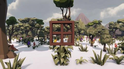 Window icon with low poly landscape 3d render Stock Illustration