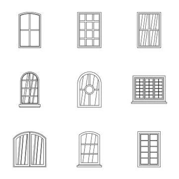 Window icon set, outline style Stock Illustration