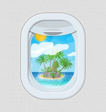 Window from inside the airplane with island Stock Illustration