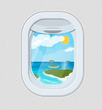 Window from inside the airplane with island Stock Illustration