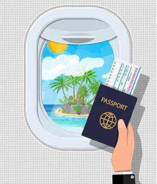 Window from inside the airplane with island Stock Illustration