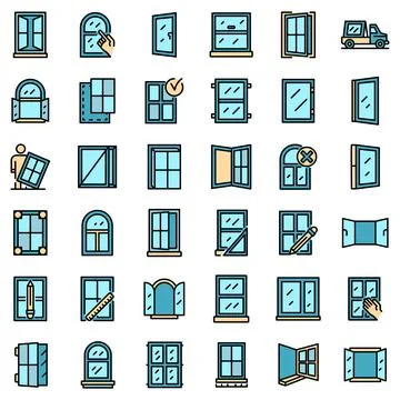 Window installation icons set vector flat Stock Illustration