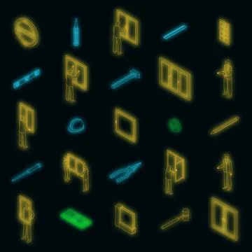 Window installation icons set vector neon Stock Illustration
