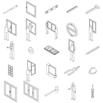 Window installation icons set vector outline Stock Illustration