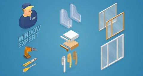 Window installation service. Isometric concept. Worker, equipment. Stock Illustration