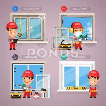 Window Installation Step by Step with Handyman Carpenter Stock Illustration