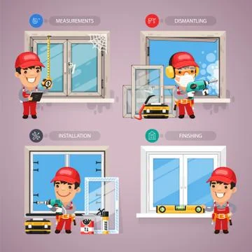 Window Installation Step by Step with Handyman Carpenter Stock Illustration