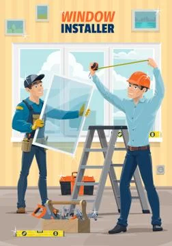 Window installer workers, construction carpenter Stock Illustration