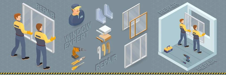 Window installing service. Isometric concept. Worker, equipment. Stock Illustration