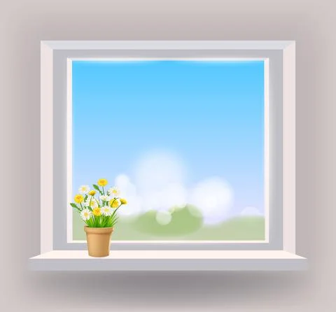 Window in interior, view on landscape, spring, flower pot with flowers daisy and Illustrazione stock