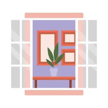 Window with interior view of plant over table and frames vector design Stock Illustration