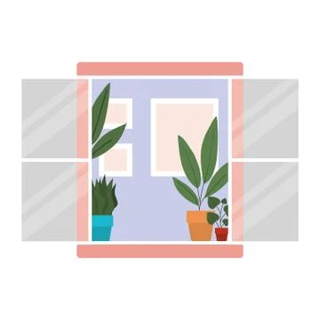Window with interior view of plants and frames vector design Stock Illustration