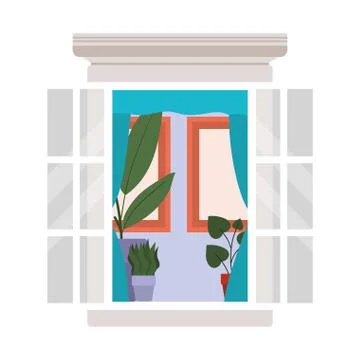 Window with interior view of plants and frames vector design Illustrazione stock