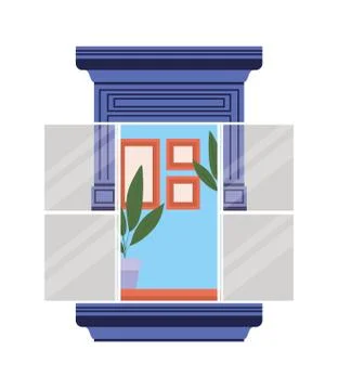 Window with interior view of plants and frames vector design Stock Illustration