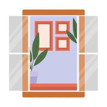Window with interior view of plants and frames vector design Illustrazione stock