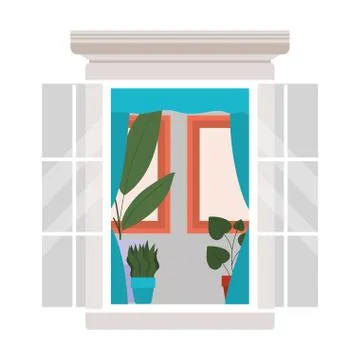 Window with interior view of plants and frames vector design Illustrazione stock