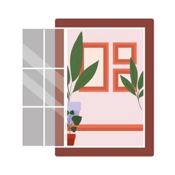 Window with interior view of plants and frames vector design Stock Illustration