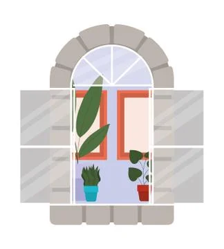 Window with interior view of plants and frames vector design Stock Illustration