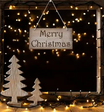 Window, Lights In Night, Text Merry Christmas Stock Photos