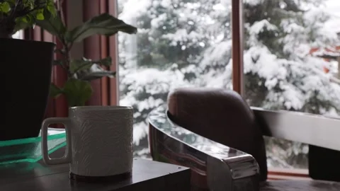 Window looking out to winter scene, hot cup of coffee, snowfall, winter Stock Footage 240154112