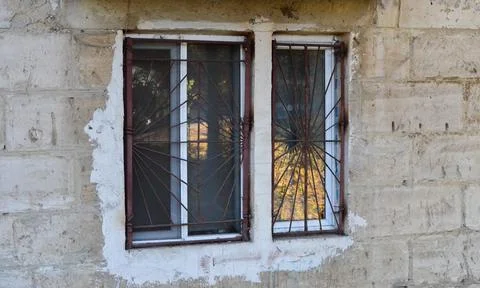 A window with a mesh screen and a reflection of the outside. Foto stock