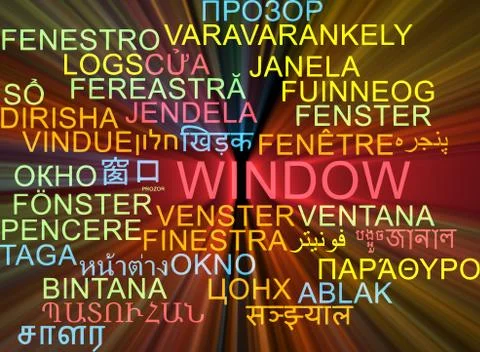 Window multilanguage wordcloud background concept glowing Stock Illustration
