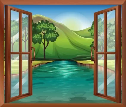 A window near the flowing river Stock Illustration