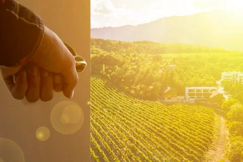 Window to the new life, hands open window with gorgeous landscape nature view Stock Photos