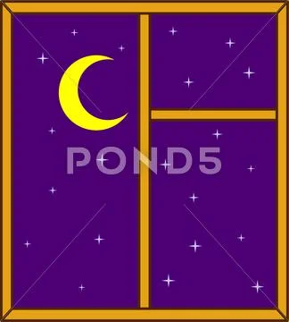 Window with night sky, moon and stars Stock Illustration