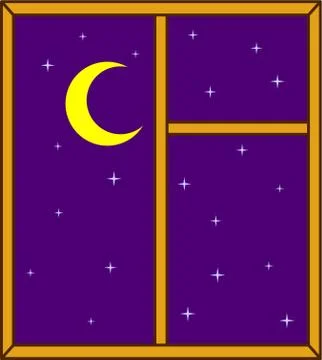 Window with night sky, moon and stars Stock Illustration