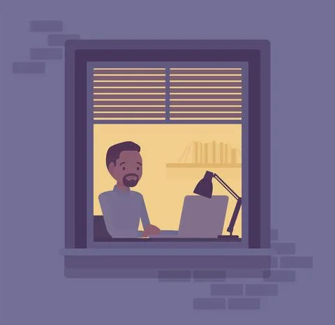 Window at night, young man working at computer behind Stock Illustration