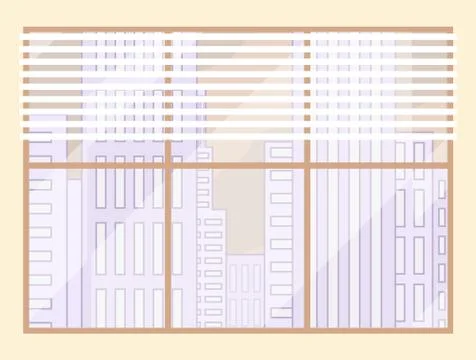 Window in office or home, window with jalousie, city buildings at background Ilustración de archivo