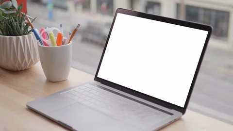 Window Office View and Computer Laptop Desk Screen, Business Notebook Background Stock Footage 98963019