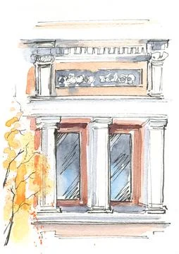 Window, old architecture, building, fragment, autumn watercolor creative Ilustración de archivo