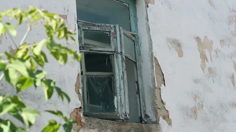 Window of an old building overlooking trees Video stock 57324756