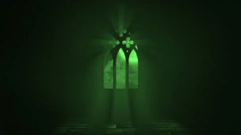 Window of old castle with green light and crosses in night Stock Footage 236178548