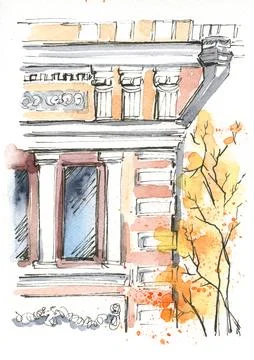 A window in an old historical building, a fragment, an autumn watercolor Ilustração Stock