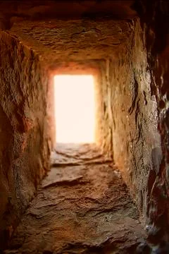 A window in an old wall. A ray of light falls into a dark room Stock Photos