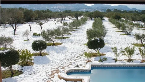 Window is open and it can be seen a beautiful winter landscape. Swimming pool Stock Footage 153084870