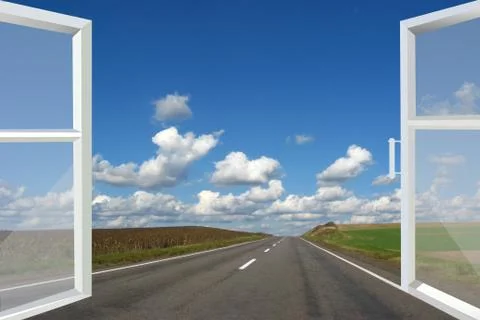 Window opened to the asphalted road Illustration