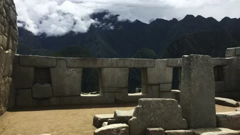 Window Openings of Inca Temple Wall With Cloudy Ridge, Machu Picchu, Peru 4K Stock Footage 160230417