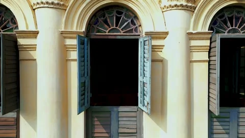 Window to outside drone view of an abandoned heritage building Stock Footage 247930520