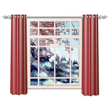 The window overlooking the branches of red ash with frozen berries in winter Stock Illustration