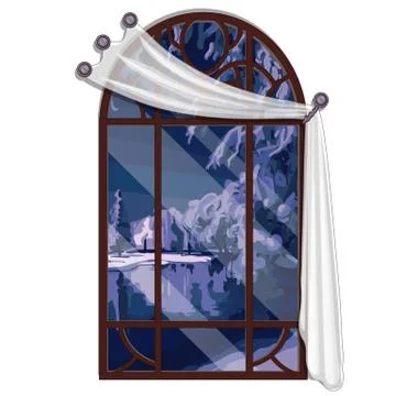 The window overlooking the forest river in winter evening isolated on white Stock Illustration