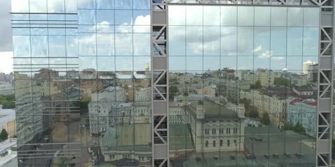 Window panoramic glass office and reflection of city Stock Footage 273614810