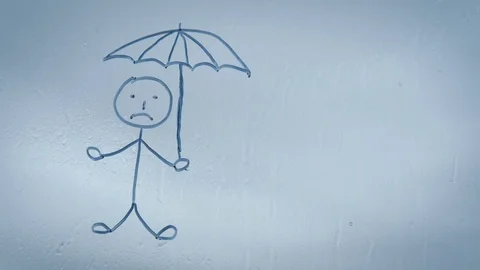 Window with a picture of a man with an umbrella. Stock Footage 117537216