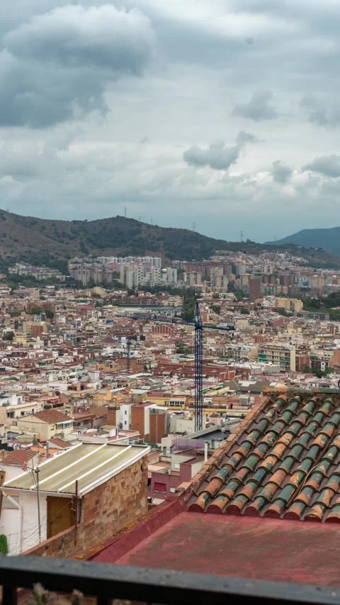Window plate view on sleeping quarters of Barcelona, top view, time-lapse, day Stock Footage 279458567