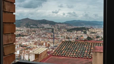 Window plate view on sleeping quarters of Barcelona, top view, time-lapse, day Stock Footage 279458638