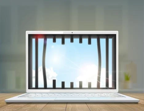Window with prison bars in the laptop screen. イラスト素材