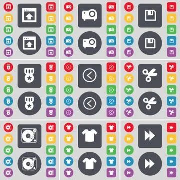 Window, Projector, Floppy, Medal, Arrow left, Scissors, Gramopho icon symbol. A Illustrazione stock